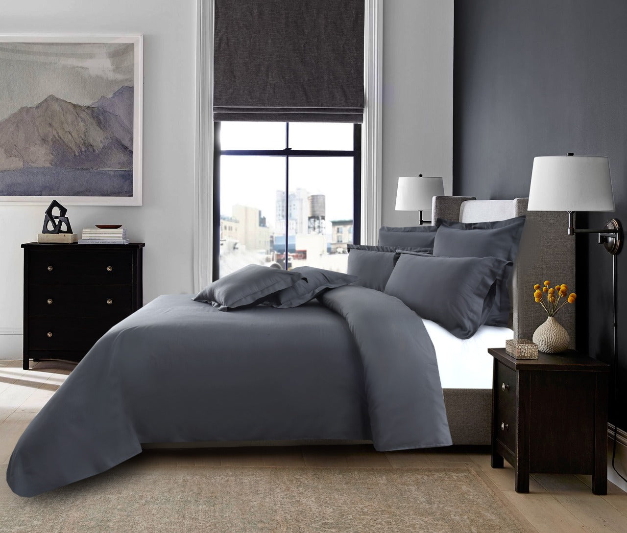7 PCs Plain Satin Bed Sheet-Charcoal