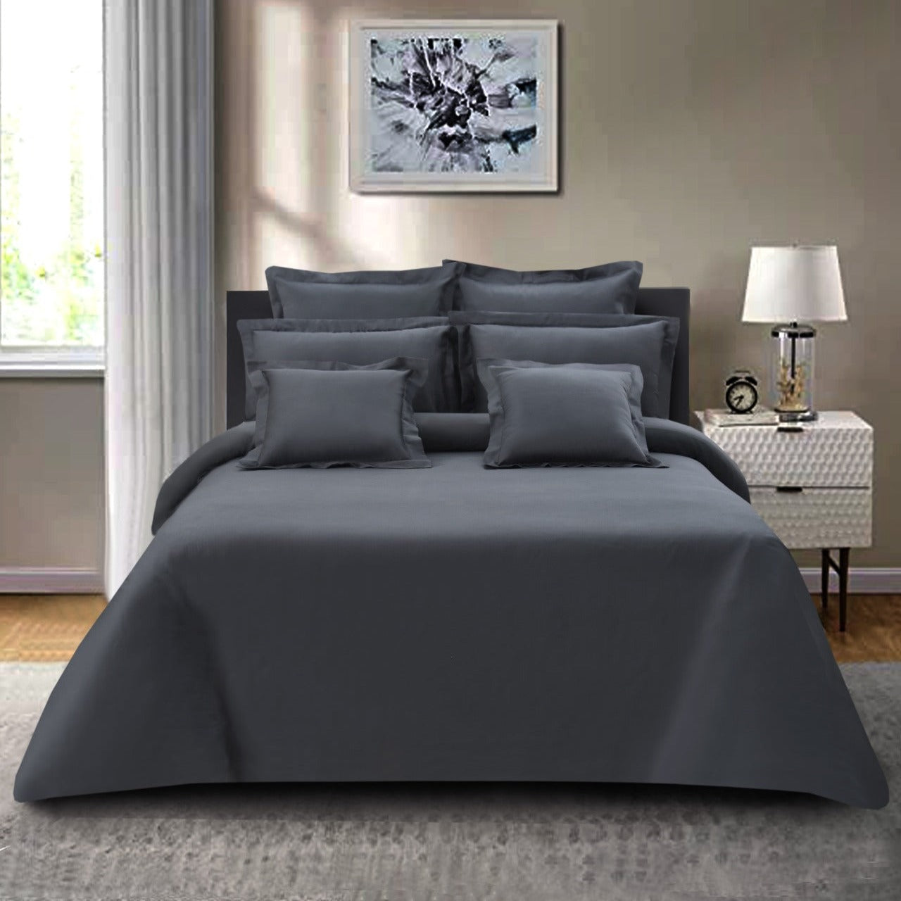 7 PCs Plain Satin Bed Sheet-Charcoal
