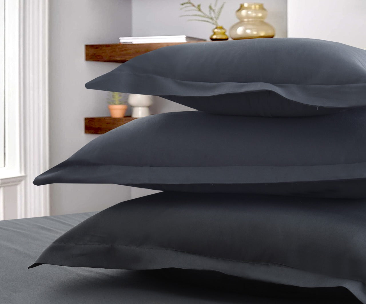 7 PCs Plain Satin Bed Sheet-Charcoal