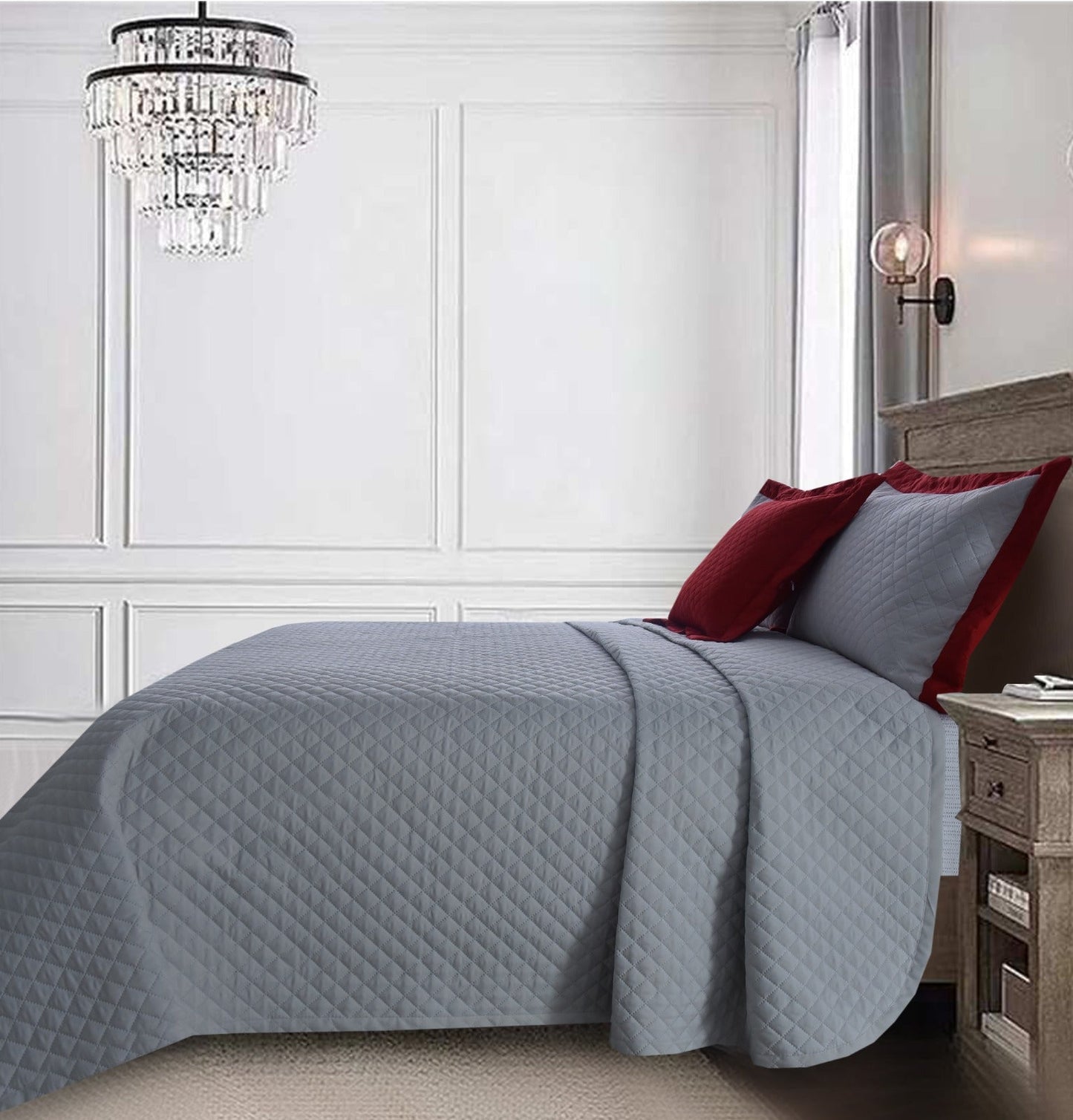 4 PCs Ultrasonic Quilted Luxury Bed Spread Set-Silver Over Maroon