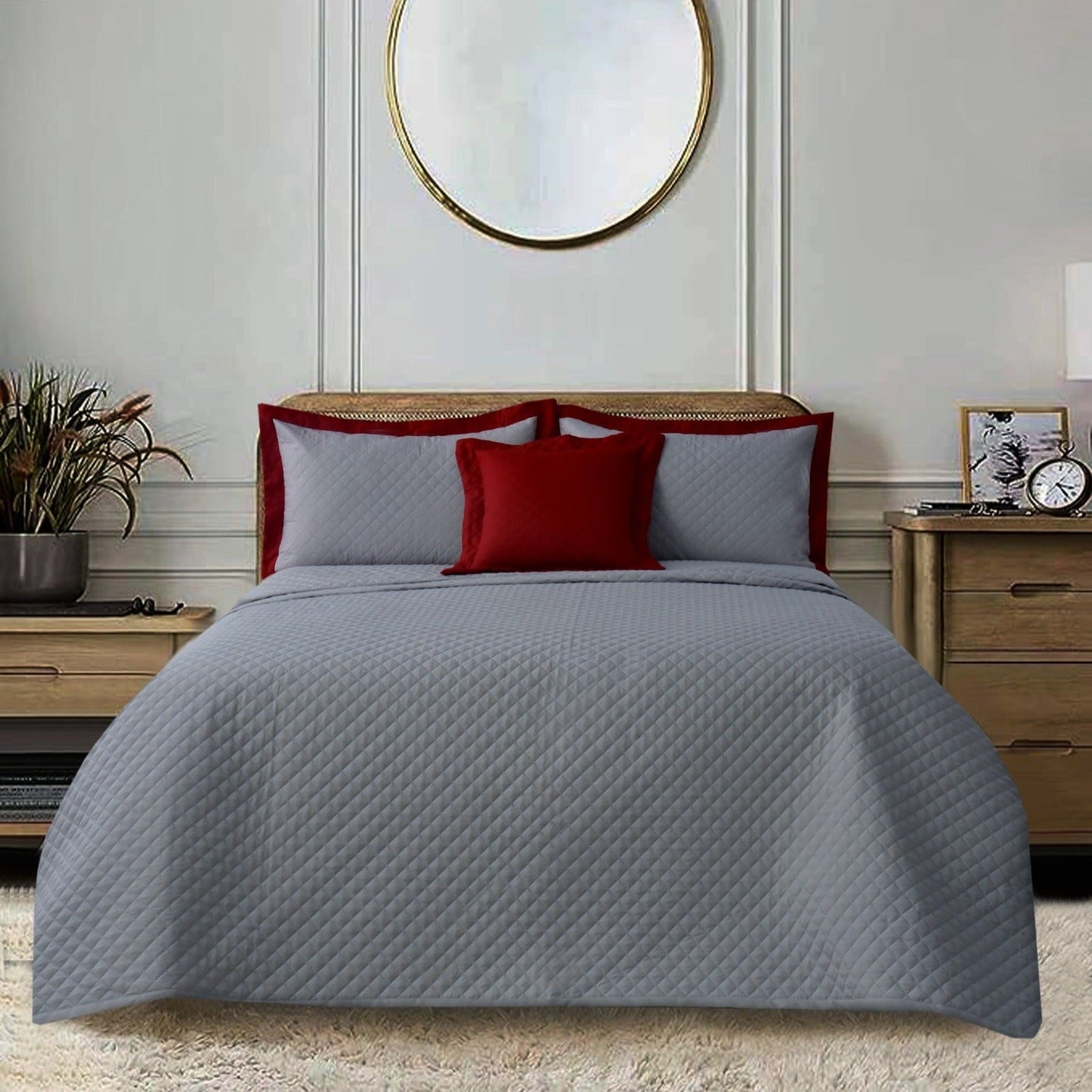 4 PCs Ultrasonic Quilted Luxury Bed Spread Set-Silver Over Maroon