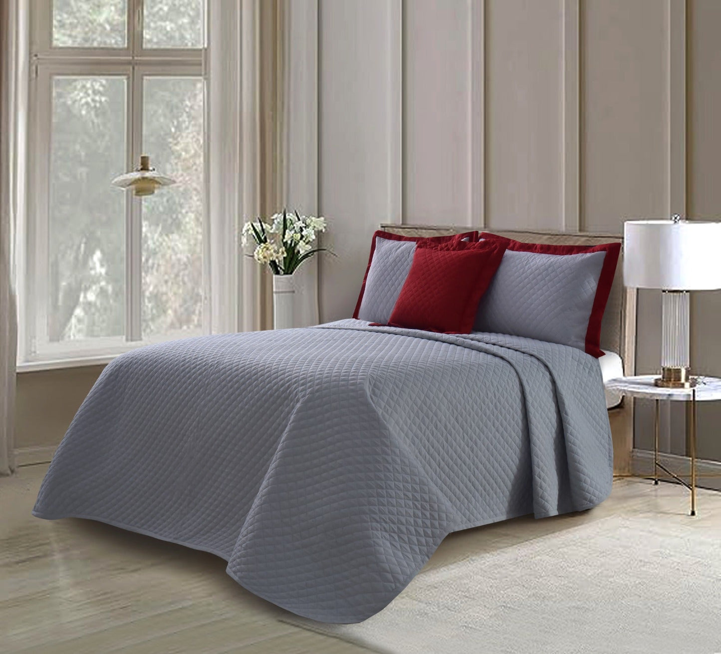 4 PCs Ultrasonic Quilted Luxury Bed Spread Set-Silver Over Maroon