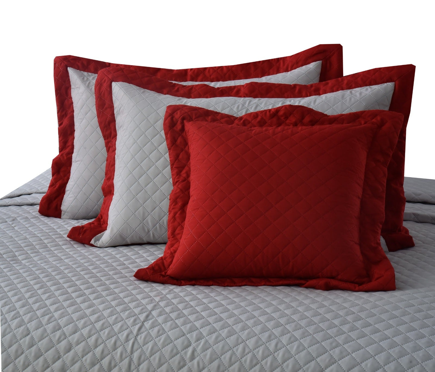 4 PCs Ultrasonic Quilted Luxury Bed Spread Set-Silver Over Maroon