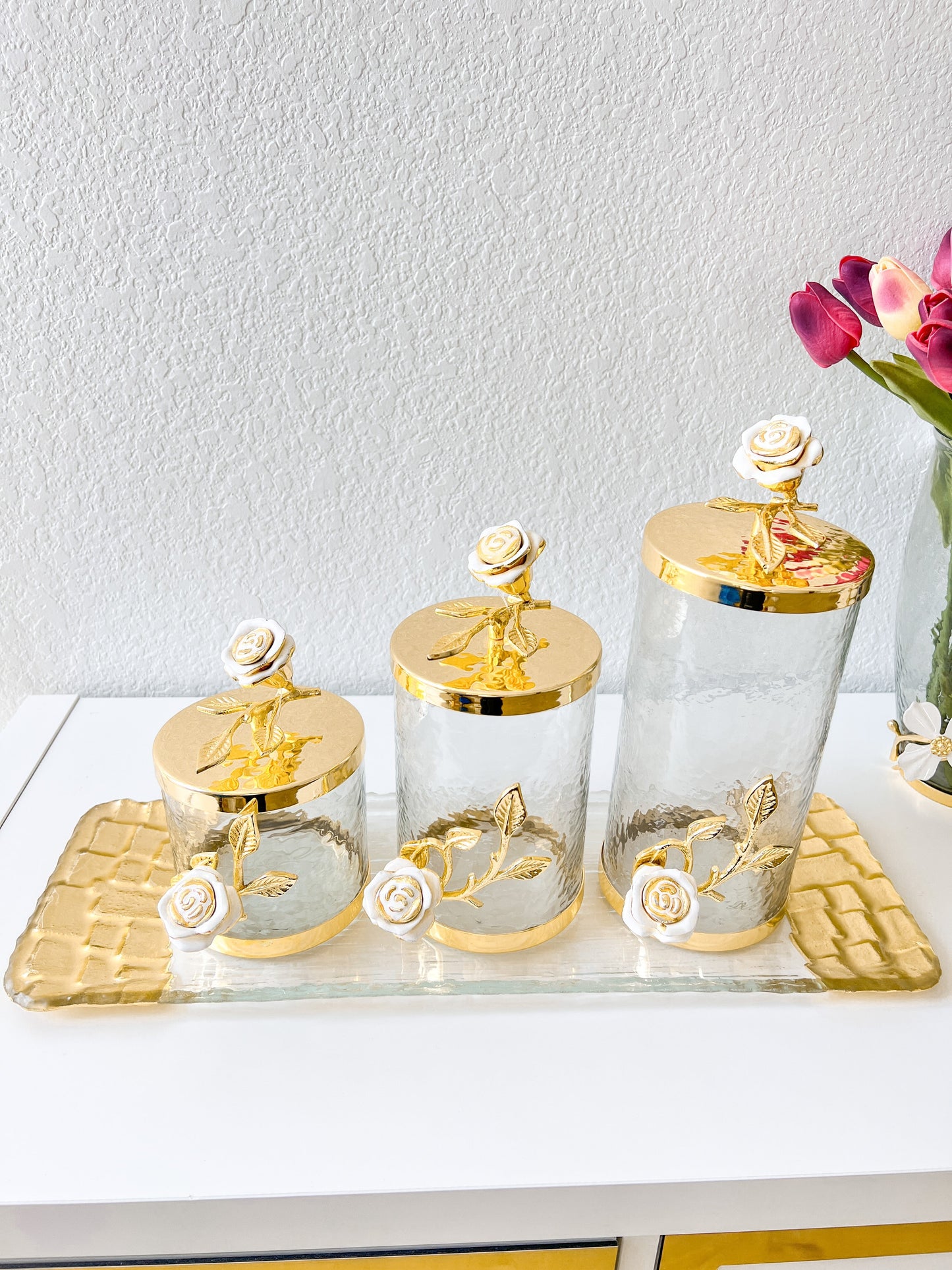 Gold Rose Flower Canisters (Set of 3)