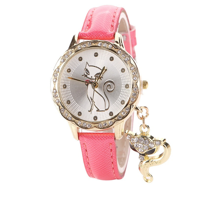 Fashion Cute Cat Pattern watch bracelets Clock Gift Women Girl Watches Luxury Diamond Analog Leather Quartz Wrist Watches