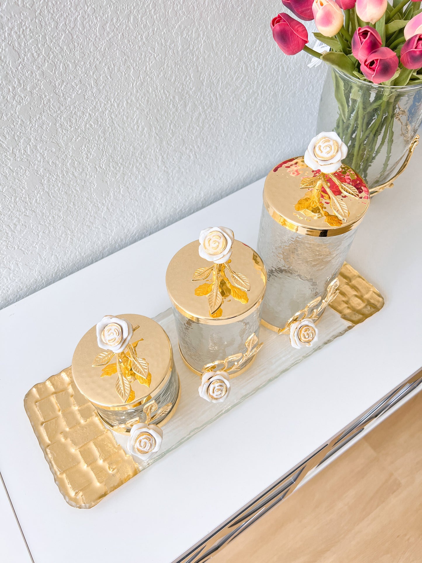 Gold Rose Flower Canisters (Set of 3)
