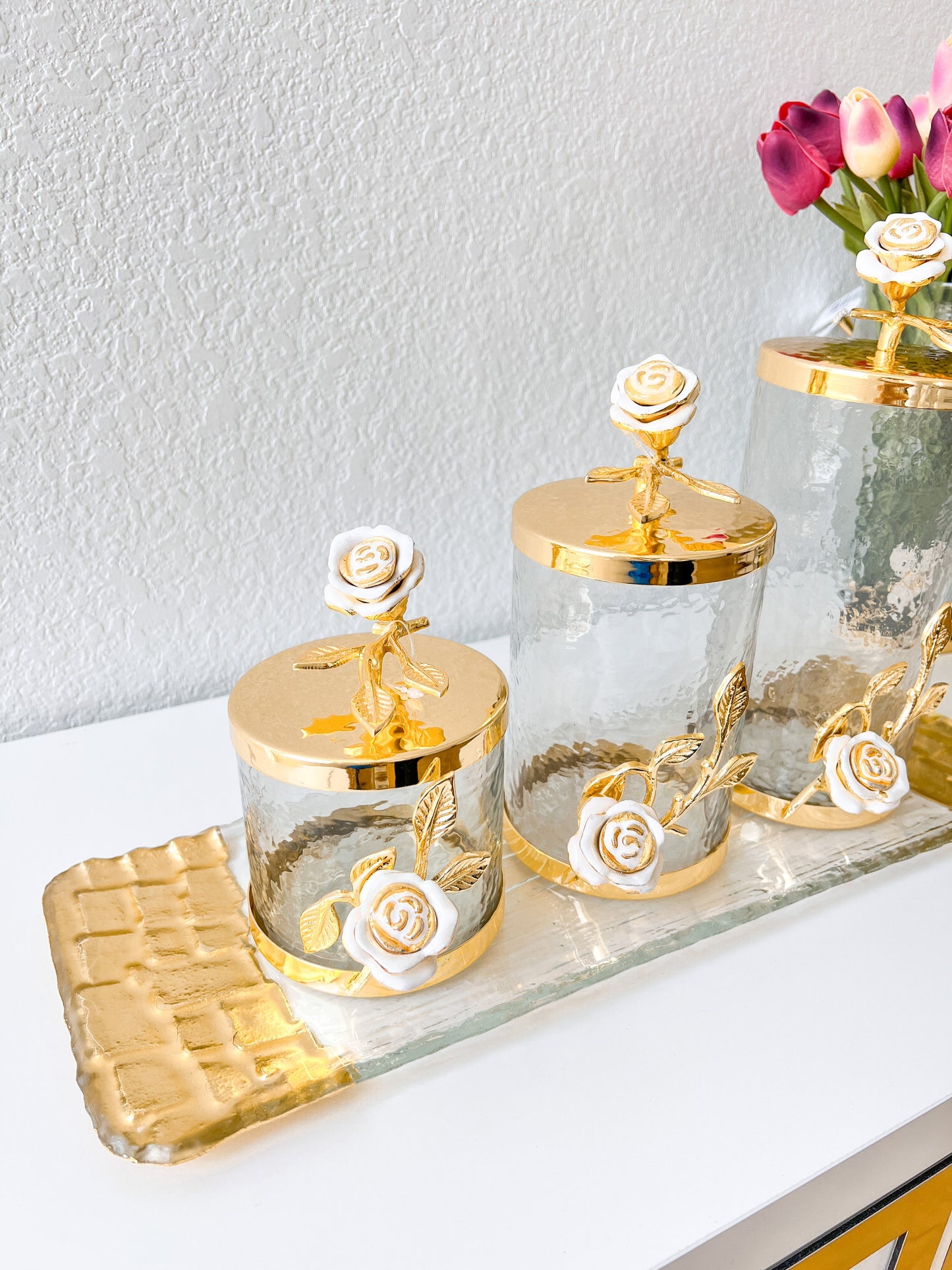 Gold Rose Flower Canisters (Set of 3)